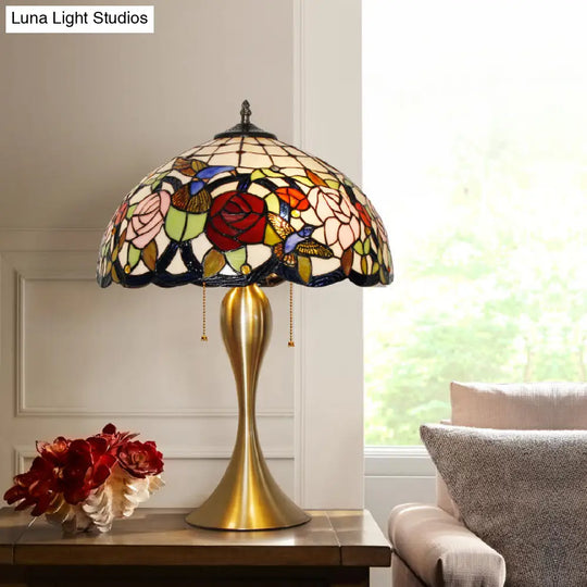 Traditional Stained Glass Dome Nightstand Lamp With 3 Heads Brass Pull Chain Floral And Bird Pattern