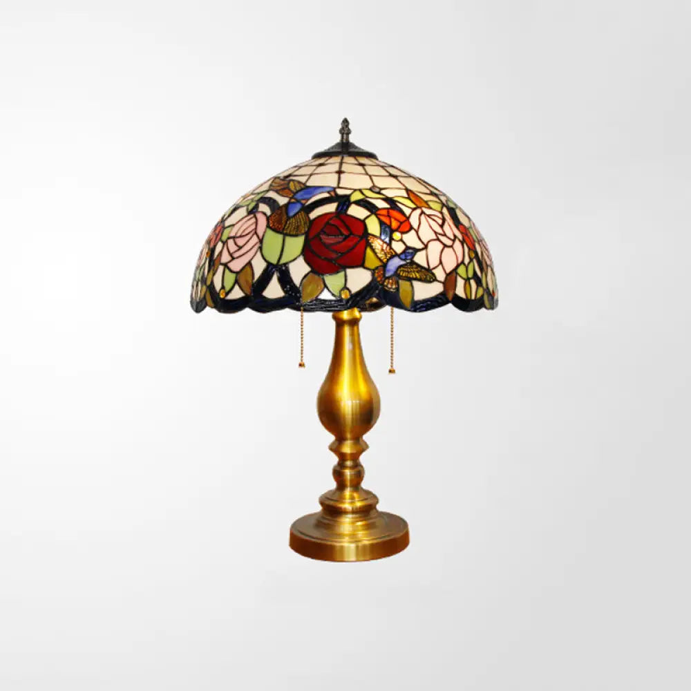 Traditional Stained Glass Dome Nightstand Lamp With 3 Heads Brass Pull Chain Floral And Bird Pattern