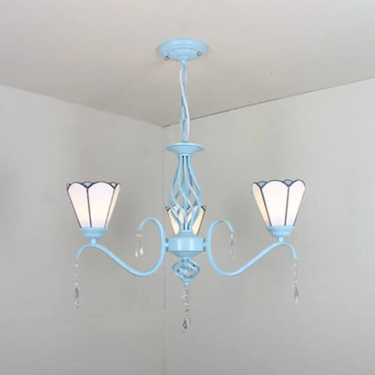 Traditional Stained Glass Foyer Pendant Light - 3-Light Conical Ceiling Chandelier With Crystal