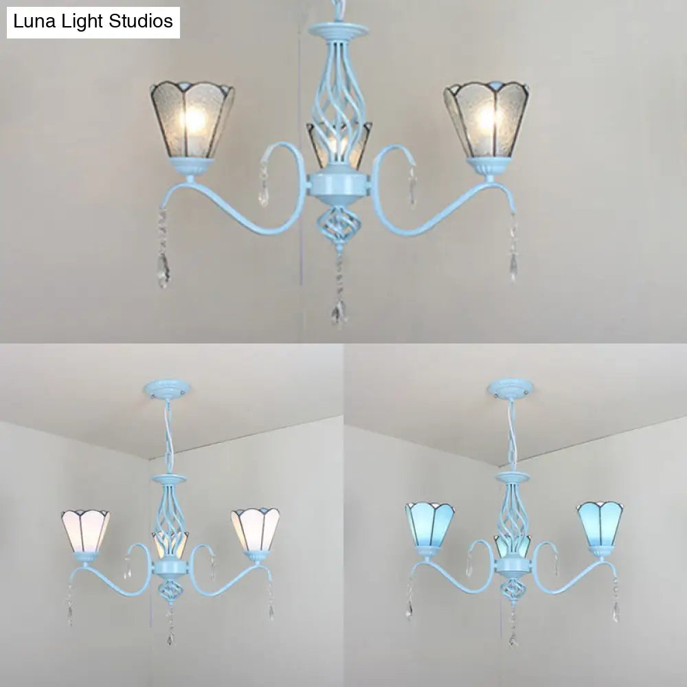 Traditional Stained Glass Foyer Pendant Light - 3-Light Conical Ceiling Chandelier With Crystal