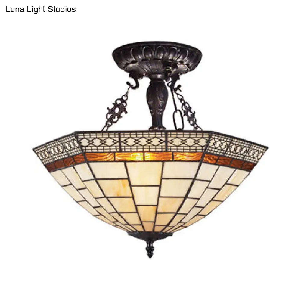 Stained Glass Semi Flush Mount Light In Traditional Beige For Living Room