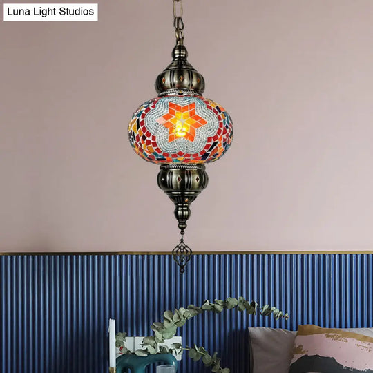 Traditional Stained Glass Oval Pendant Light Kit - Bedroom Hanging Lamp (1 Head) In White/Red/Orange