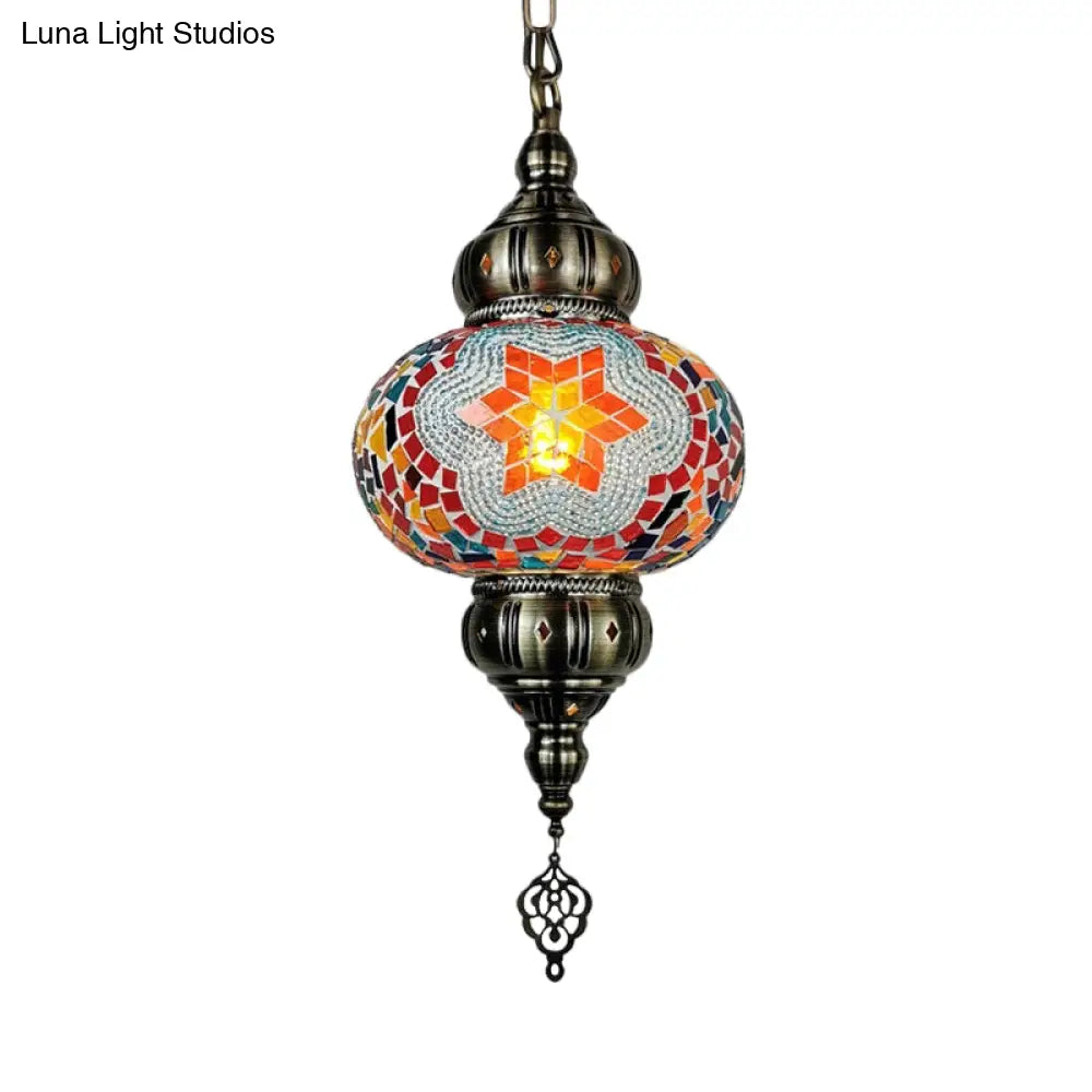 Traditional Stained Glass Oval Pendant Light Kit - Bedroom Hanging Lamp (1 Head) In White/Red/Orange