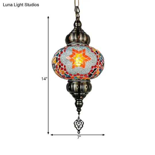 Traditional Stained Glass Oval Pendant Light Kit - Bedroom Hanging Lamp (1 Head) In White/Red/Orange