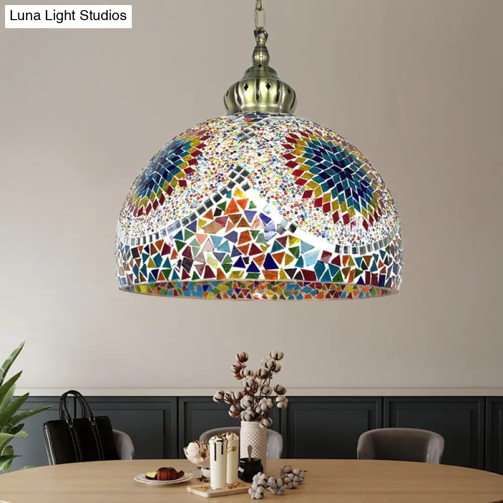 Traditional Stained Glass Pendant Light - Dome Style Blue/Green Tones