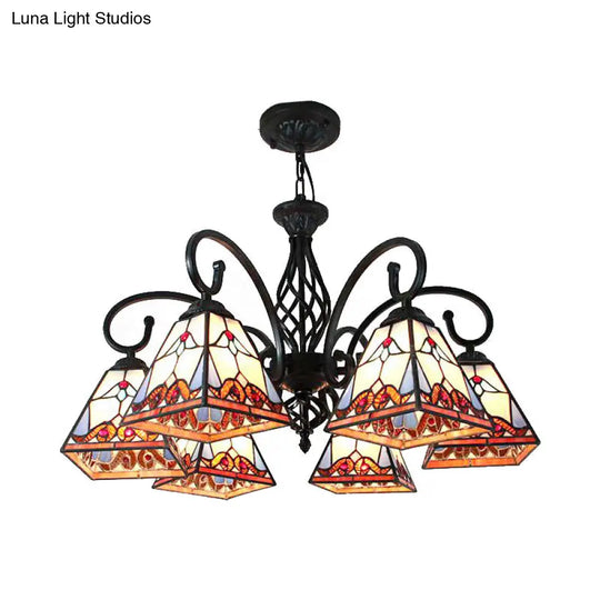 Traditional Stained Glass Pyramid Chandelier - 6-Light Hanging Ceiling Light For Foyer