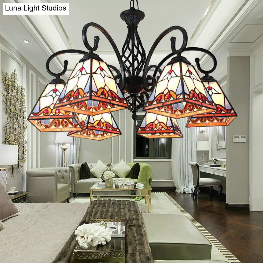 Traditional Stained Glass Pyramid Chandelier - 6-Light Hanging Ceiling Light For Foyer