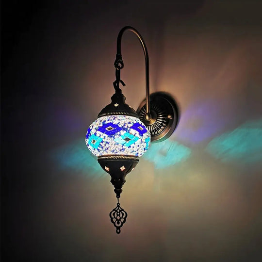 Traditional Stained Glass Wall Sconce Light - Orb Restaurant Yellow/Gold/Lake Blue Lake