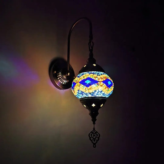 Traditional Stained Glass Wall Sconce Light - Orb Restaurant Yellow/Gold/Lake Blue Royal