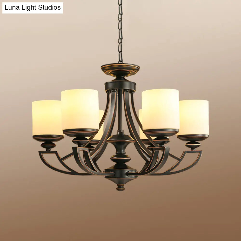 Traditional Starburst Pendant Chandelier - Black Metal Ceiling Lamp With Frosted Glass Shade