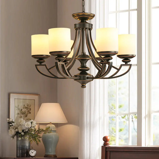 Traditional Starburst Pendant Chandelier - Black Metal Ceiling Lamp With Frosted Glass Shade