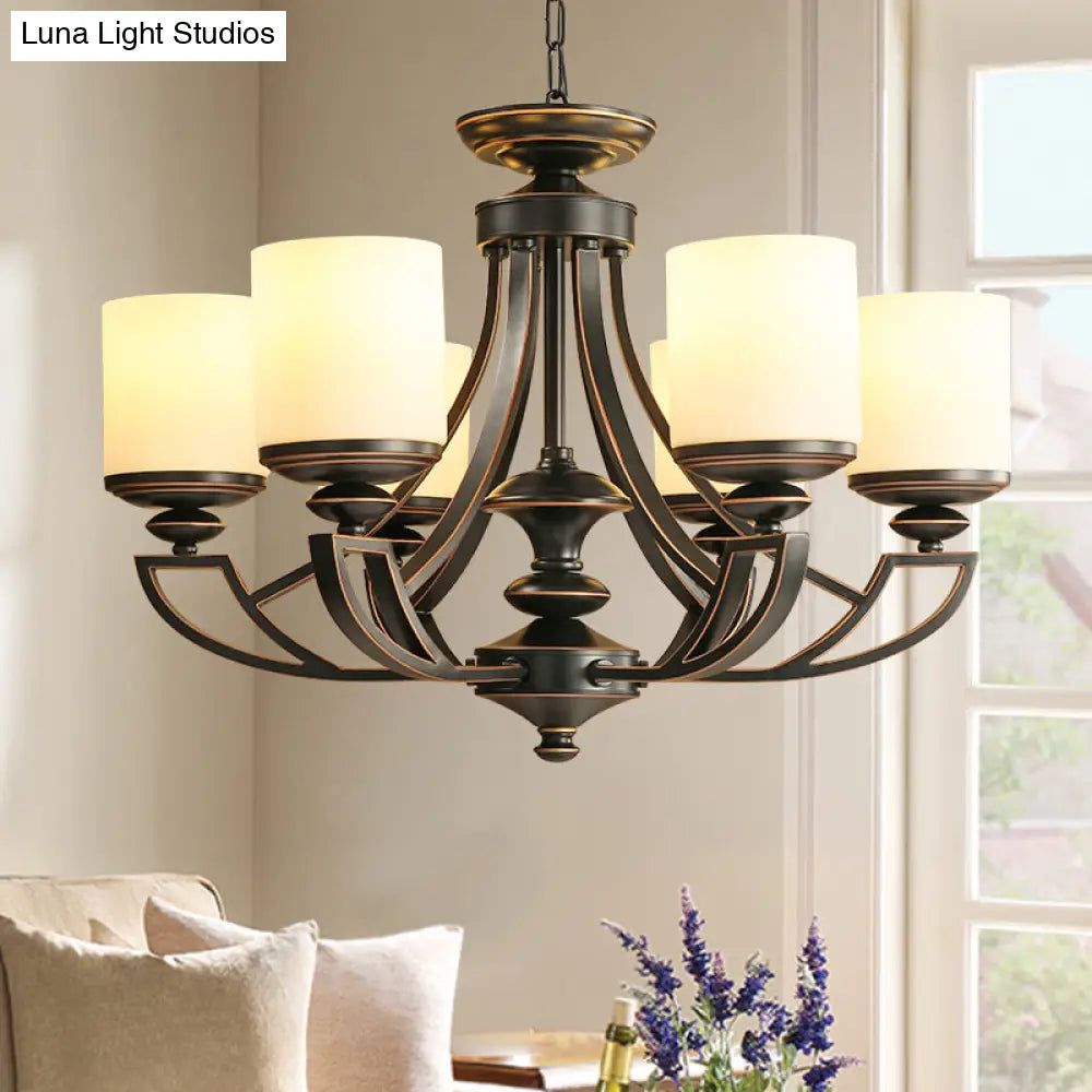 Traditional Starburst Pendant Chandelier - Black Metal Ceiling Lamp With Frosted Glass Shade