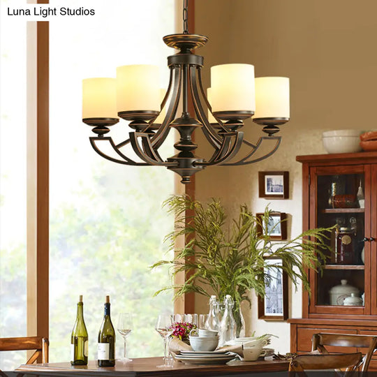 Traditional Starburst Pendant Chandelier - Black Metal Ceiling Lamp With Frosted Glass Shade