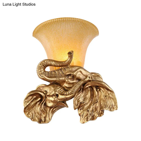 Traditional Style 1-Light Gold Wall Lamp With Elephant Design Bell Yellow Glass Bedroom Sconce