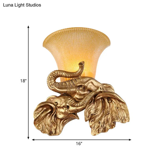 Traditional Style 1-Light Gold Wall Lamp With Elephant Design Bell Yellow Glass Bedroom Sconce