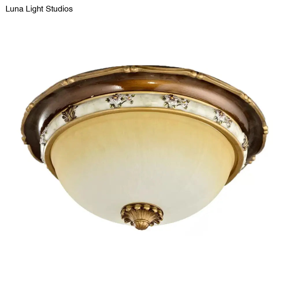 Traditional Style Bedroom Flushmount Ceiling Light - Dome Shape Faceted Glass Brown Finish 3 Heads