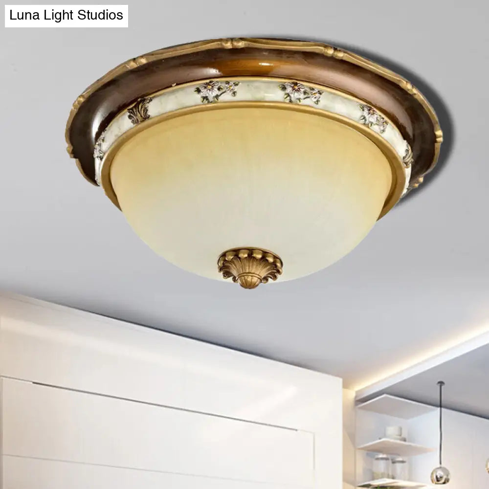 Traditional Style Bedroom Flushmount Ceiling Light - Dome Shape Faceted Glass Brown Finish 3 Heads