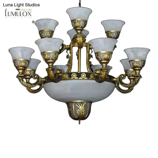 Traditional Style Bell Chandelier 15 Heads Alabaster Glass Up Hanging Ceiling Light In Brass