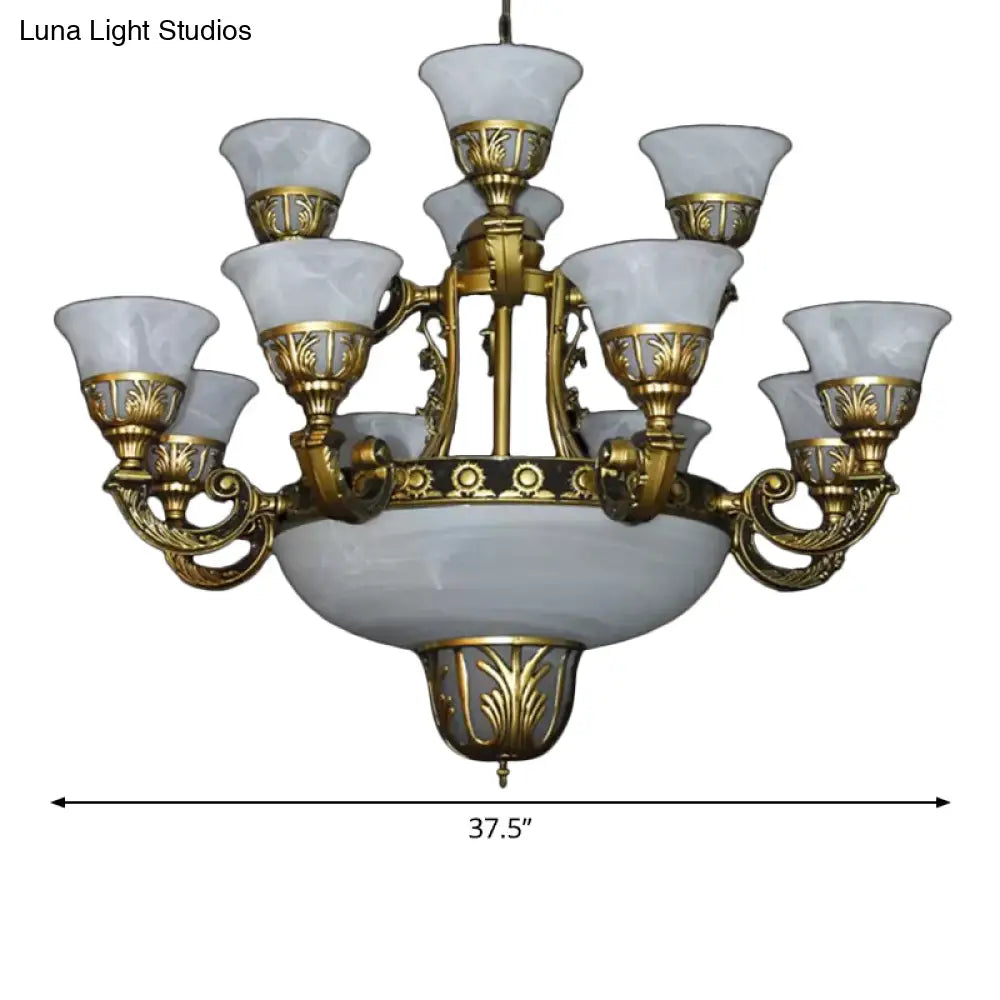 Classic Bell Chandelier: Alabaster Glass 15-Light Ceiling Pendant In Brass