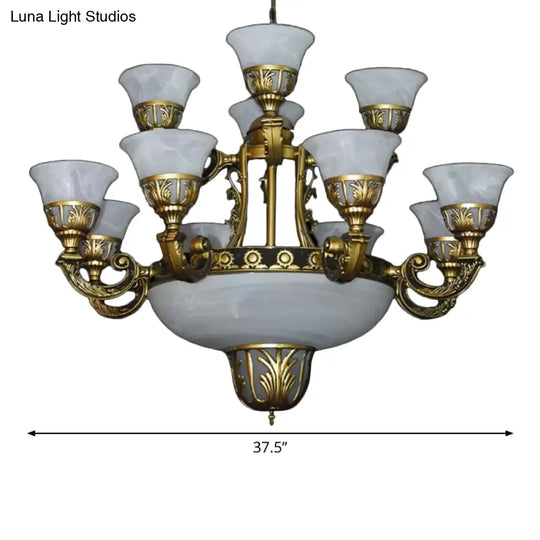 Classic Bell Chandelier: Alabaster Glass 15-Light Ceiling Pendant In Brass