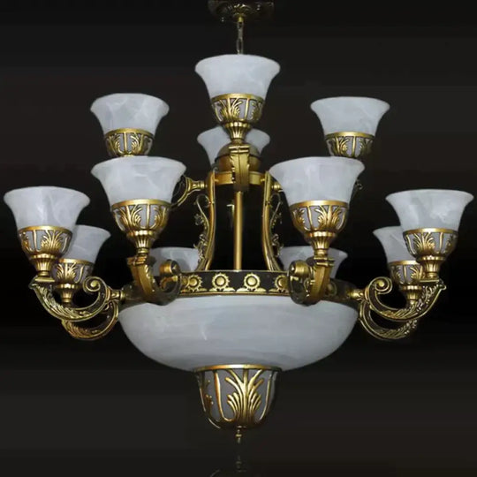 Traditional Style Bell Chandelier 15 Heads Alabaster Glass Up Hanging Ceiling Light In Brass