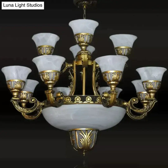 Classic Bell Chandelier: Alabaster Glass 15-Light Ceiling Pendant In Brass