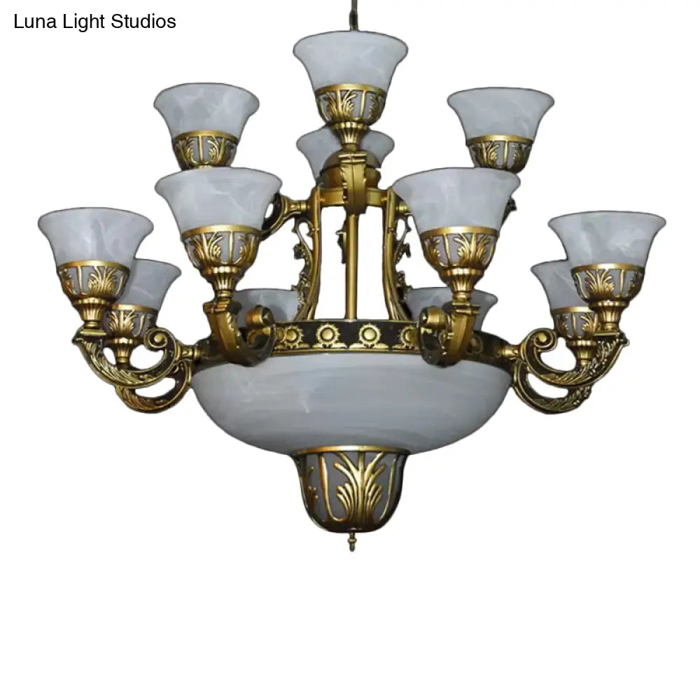 Classic Bell Chandelier: Alabaster Glass 15-Light Ceiling Pendant In Brass