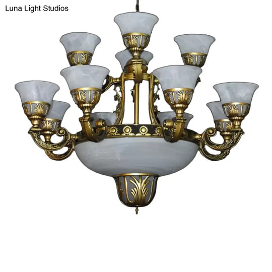 Classic Bell Chandelier: Alabaster Glass 15-Light Ceiling Pendant In Brass