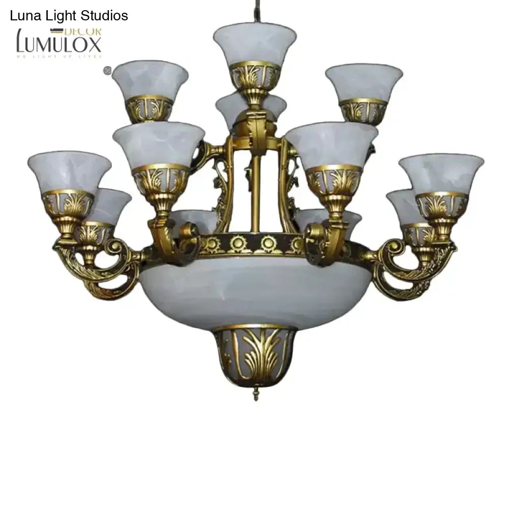 Traditional Style Bell Chandelier 15 Heads Alabaster Glass Up Hanging Ceiling Light In Brass