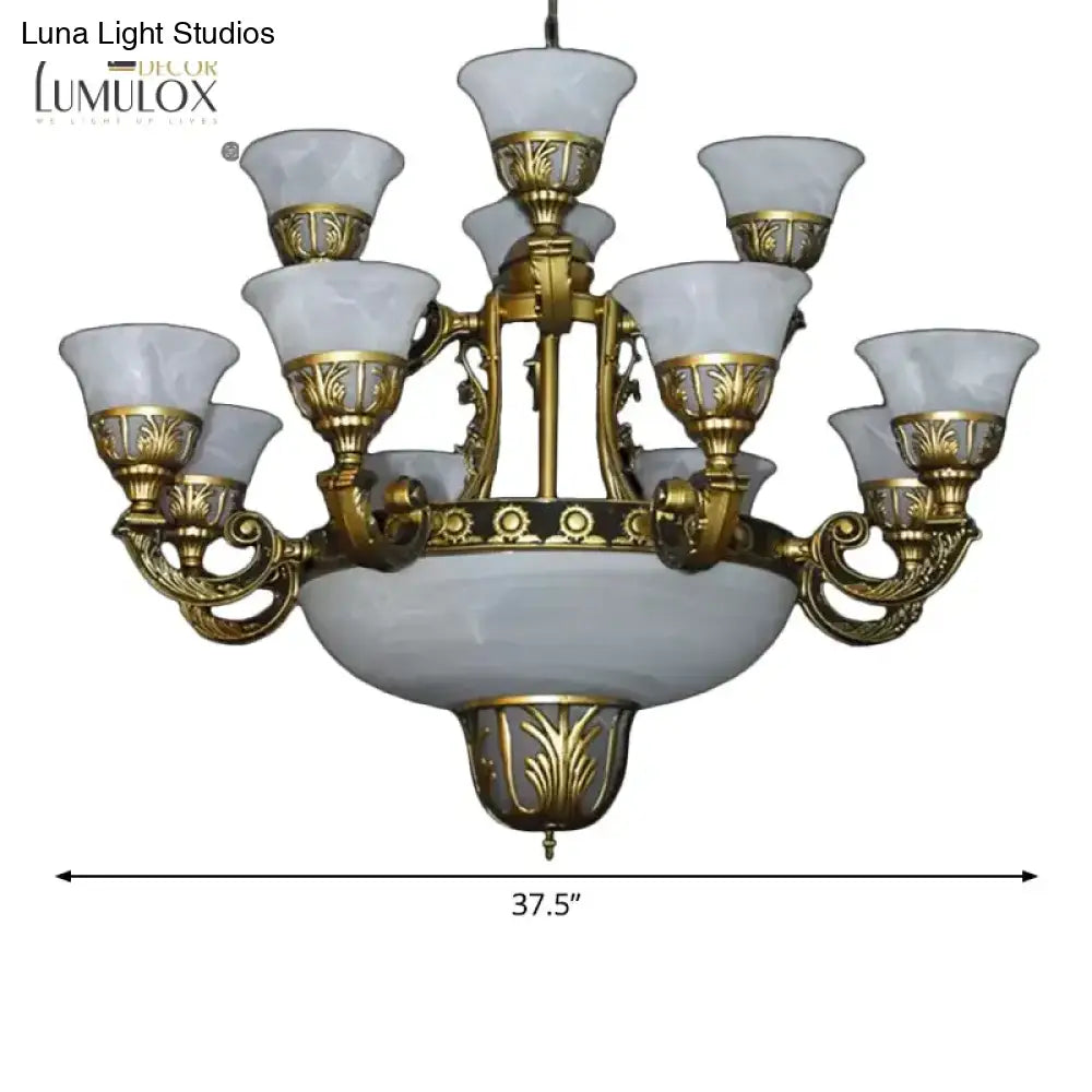 Traditional Style Bell Chandelier 15 Heads Alabaster Glass Up Hanging Ceiling Light In Brass