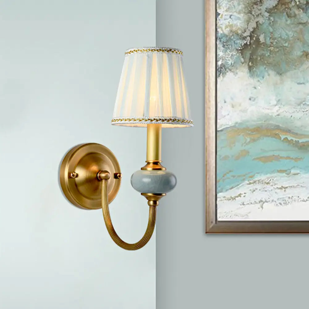 Traditional Style Brass Wall Sconce With Curved Arm Fabric Shade 1 /