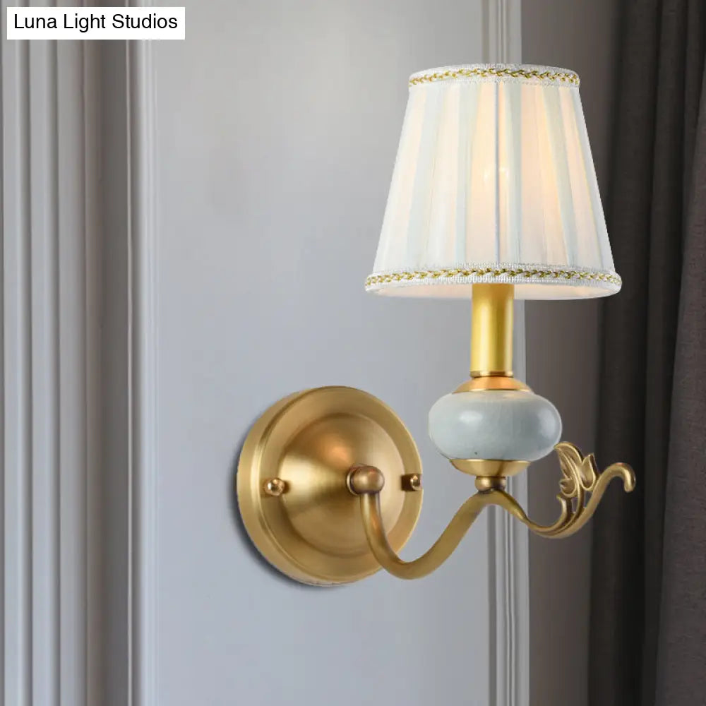 Traditional Style Brass Wall Sconce With Curved Arm Fabric Shade