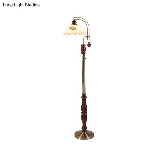 Traditional Style Cream Glass Floral Shade Floor Lamp With Wood Base In Brown