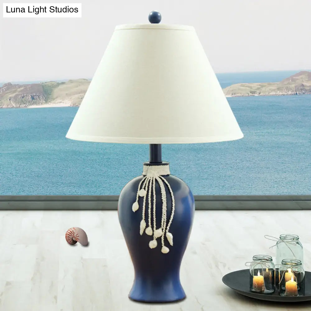 Traditional Style Flared Night Table Lamp In Blue For Living Room - Fabric Light With 1-Bulb