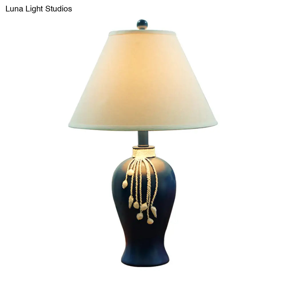 Traditional Style Flared Night Table Lamp In Blue For Living Room - Fabric Light With 1-Bulb