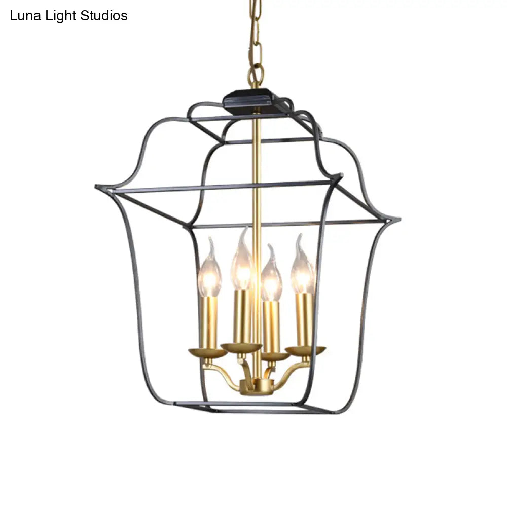 Traditional Style Metal Cage Pendant Light With 3/4 Hanging Heads - Gold Finish