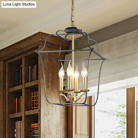 Traditional Style Metal Cage Pendant Light With 3/4 Hanging Heads - Gold Finish