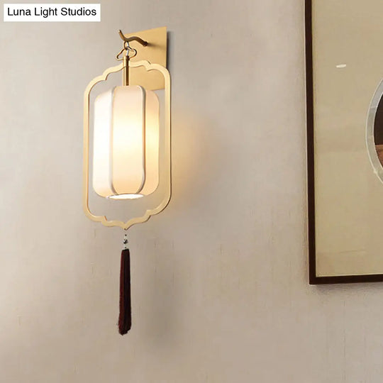 Traditional Style Metal Lantern Sconce Light In Gold - Bedside Wall Mount Lamp