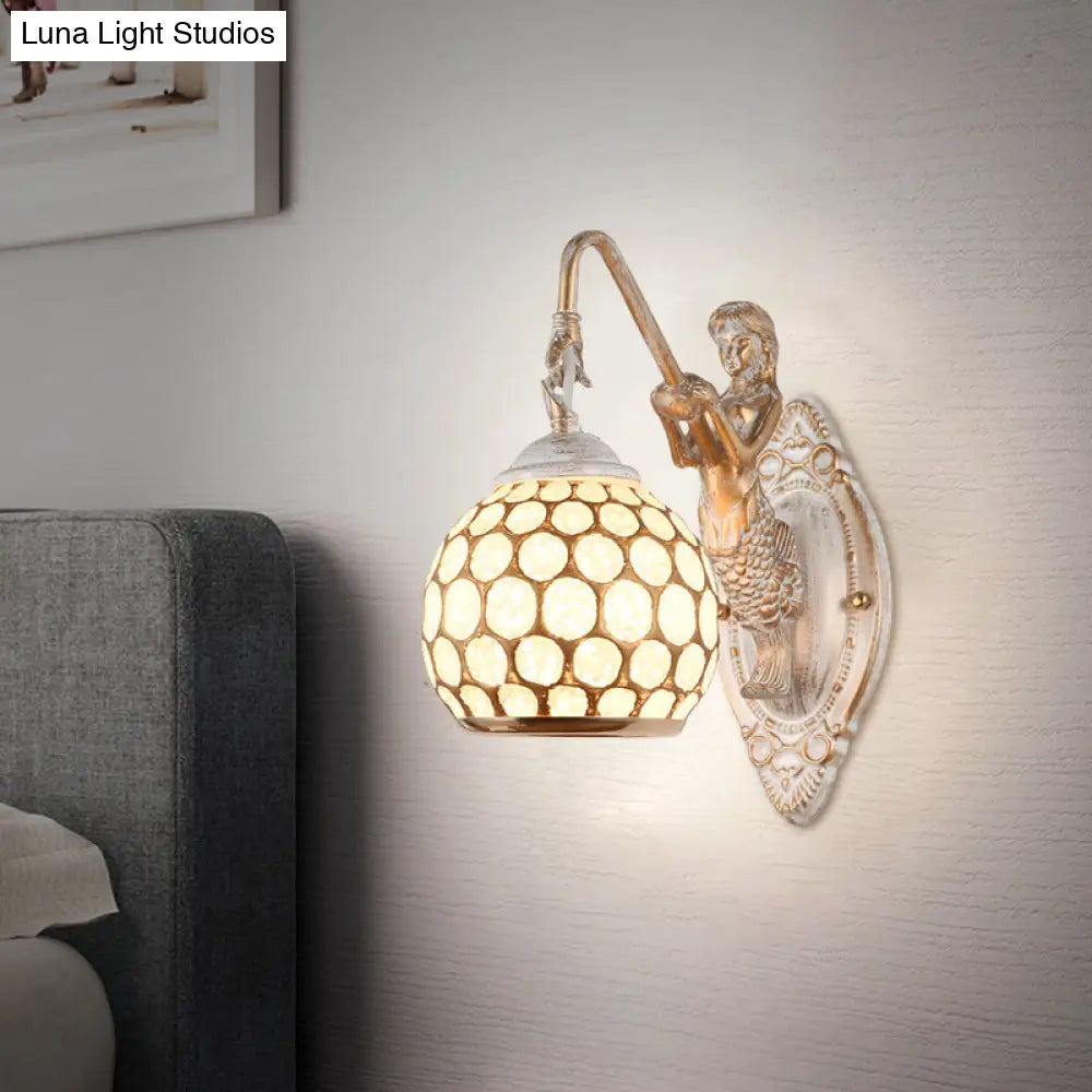 Traditional Style Metal Wall Sconce Light With Resin Mermaid Backplate Sphere Design For Bedroom