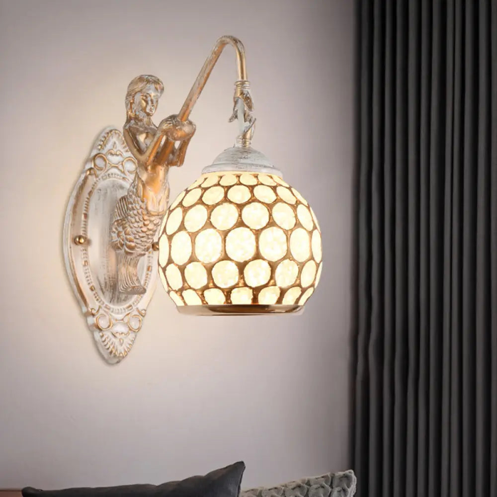 Traditional Style Metal Wall Sconce Light With Resin Mermaid Backplate Sphere Design For Bedroom