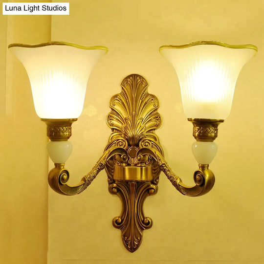 Traditional Style Petal Sconce Lamp With Frosted Glass And Gold Arm For Wall Lighting