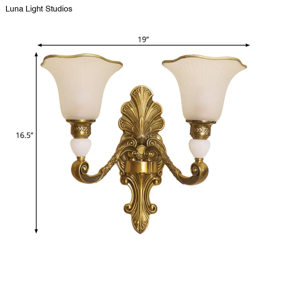 Traditional Style Petal Sconce Lamp With Frosted Glass And Gold Arm For Wall Lighting