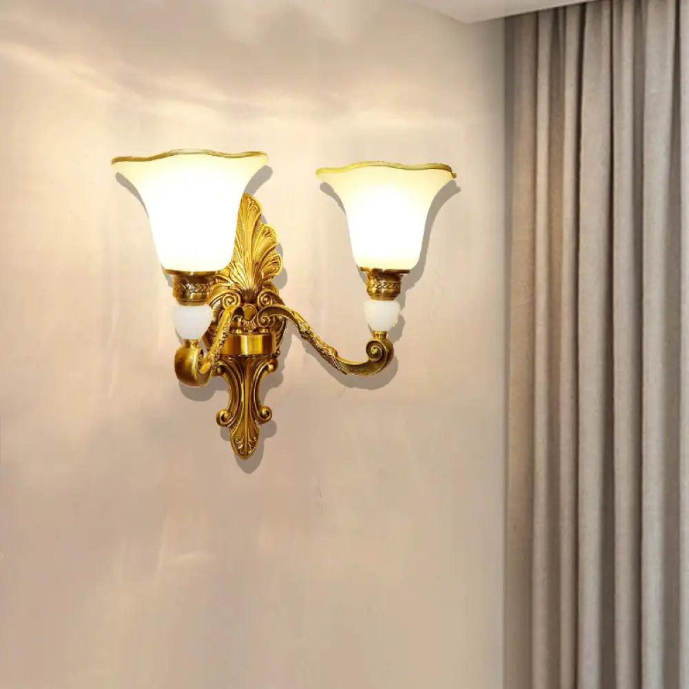 Traditional Style Petal Sconce Lamp With Frosted Glass And Gold Arm For Wall Lighting