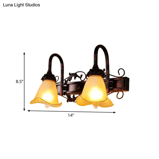 Traditional Style Red Brown Flower Vanity Sconce Light With Amber Glass Shade - 2/3 Bulbs