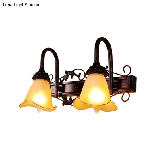 Traditional Style Red Brown Flower Vanity Sconce Light With Amber Glass Shade - 2/3 Bulbs