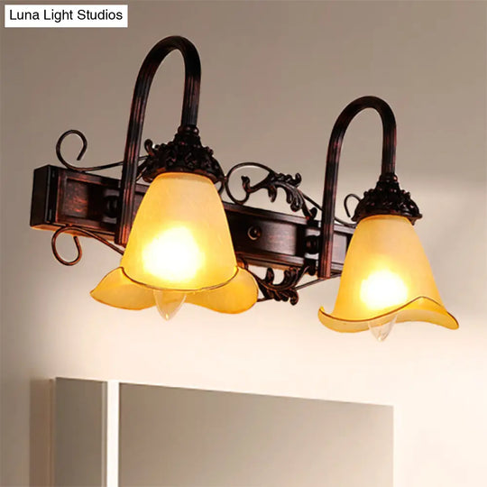 Traditional Style Red Brown Flower Vanity Sconce Light With Amber Glass Shade - 2/3 Bulbs