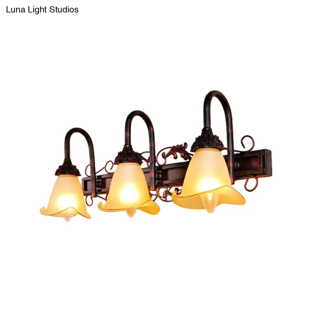 Traditional Style Red Brown Flower Vanity Sconce Light With Amber Glass Shade - 2/3 Bulbs