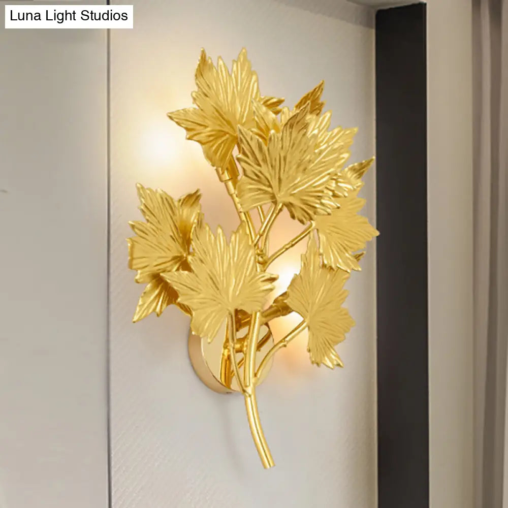 Traditional Style Wall Mounted Maple Leaf Aluminum Gold Light Fixture - 2/10 Lights For Living Room