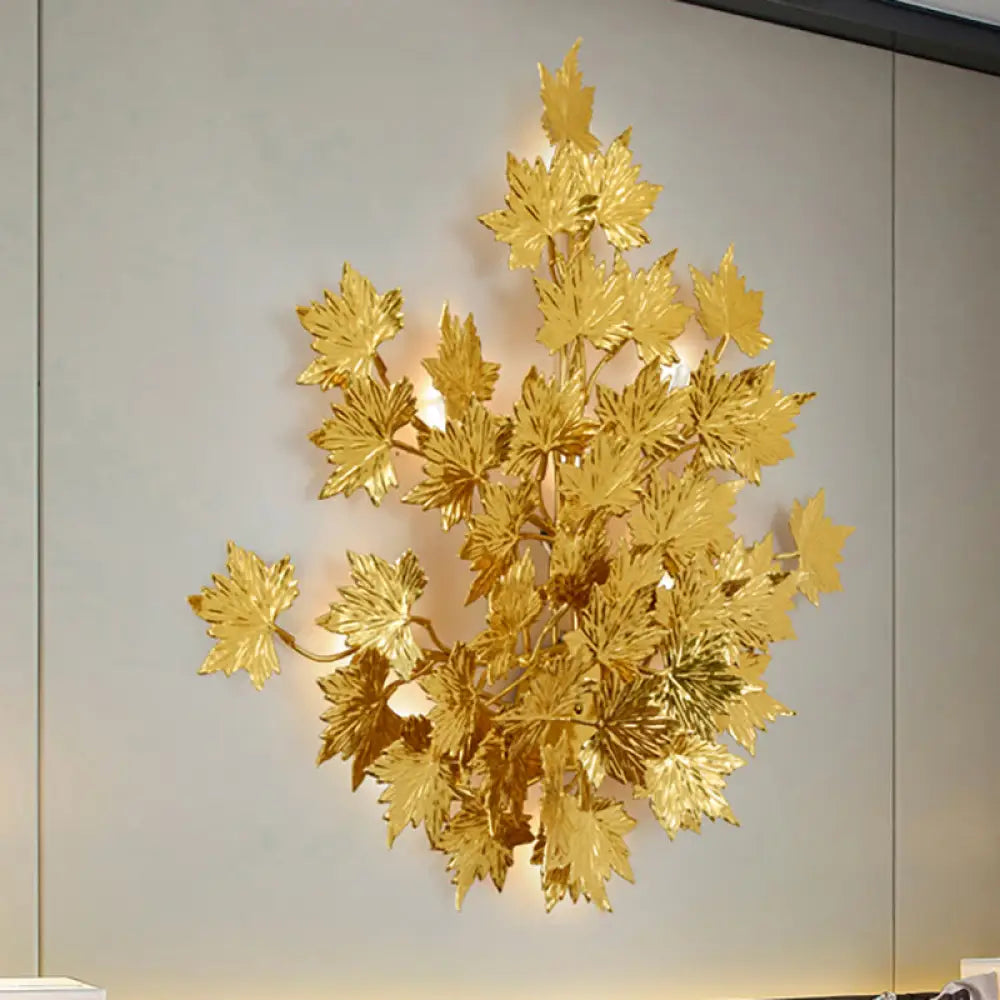 Traditional Style Wall Mounted Maple Leaf Aluminum Gold Light Fixture - 2/10 Lights For Living Room