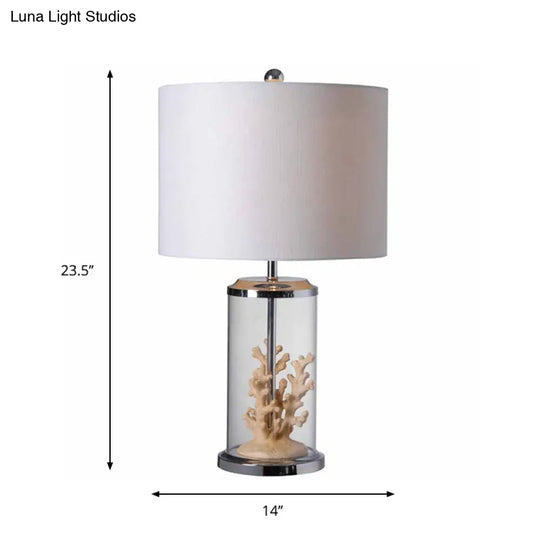 Traditional Style White Fabric Drum-Shaped Table Light With 1 Bulb - Bedside Nightstand Lamp